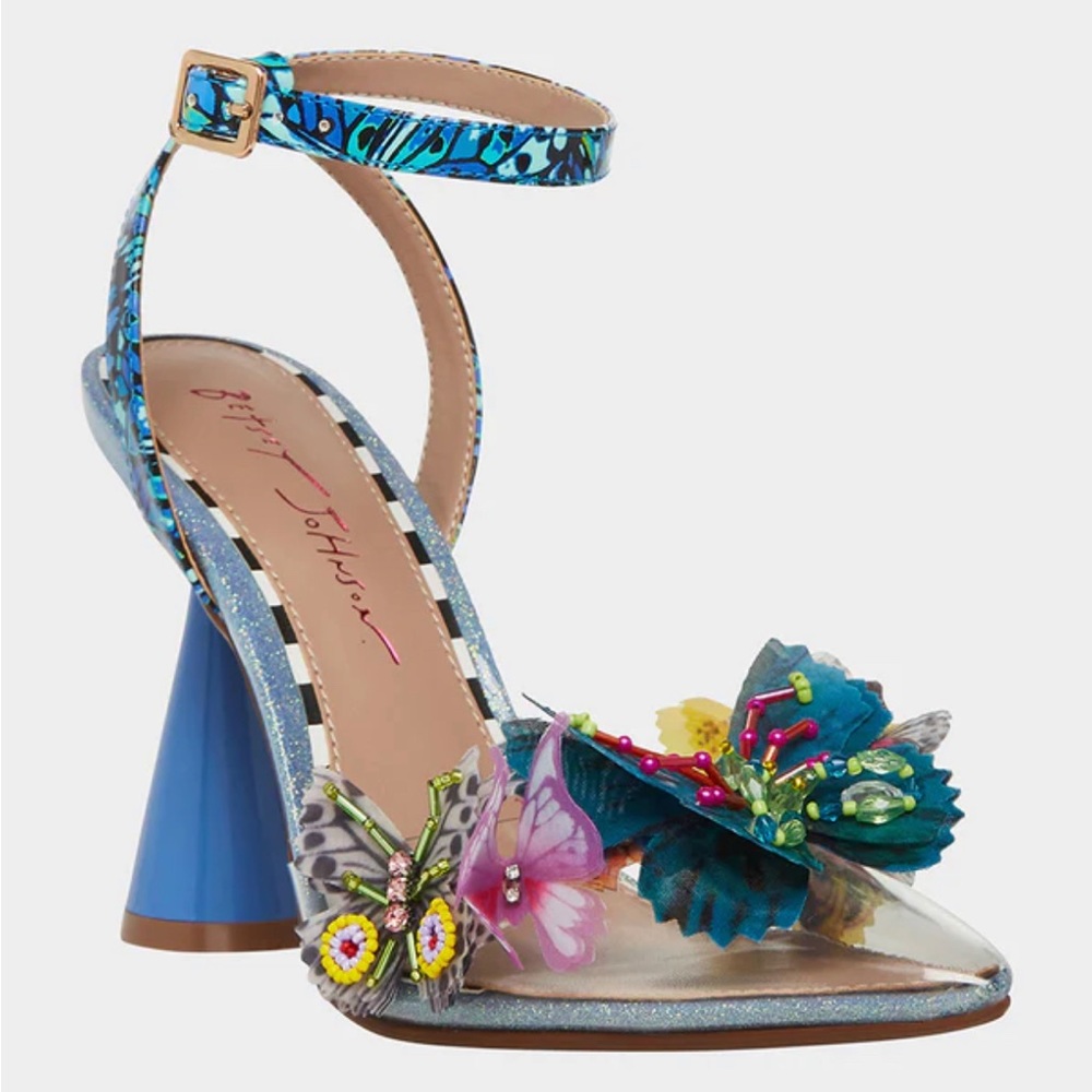 Betsey Johnson Blue Multi Floral Butterfly Embellished Heels
